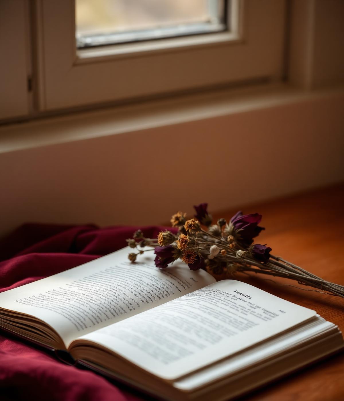 A quiet moment, book, dried flowers, warm light